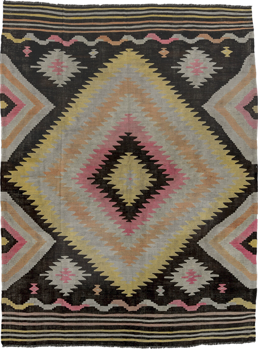 8' x 11' one-of-a-kind handmade vintage Kilim large size rug. Color palette: brown, dark gray, gainsboro, gray, light gray