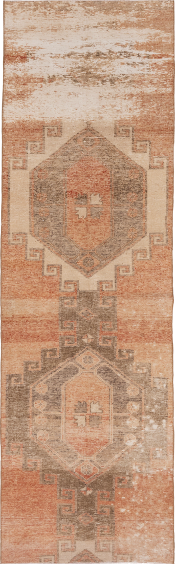 2' x 9' one-of-a-kind handmade vintage Oushak runner rug. Color palette: brown, gray, light gray, off-white