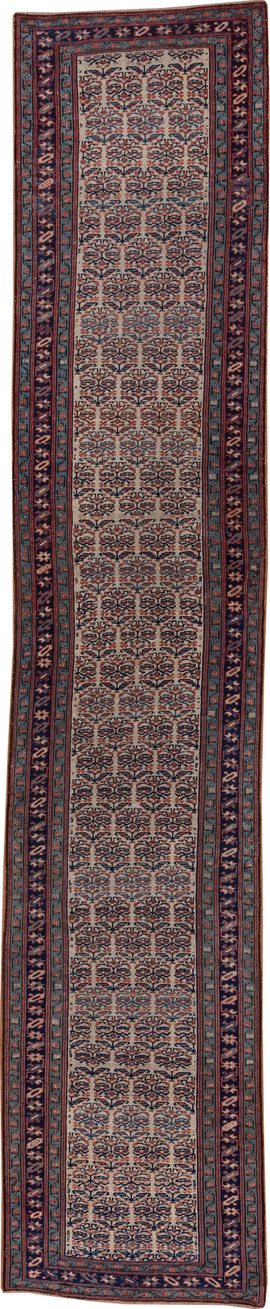 3' x 16' one-of-a-kind handmade vintage NW Persian runner rug. Color palette: pink, gray, brown, red, blue, redwood