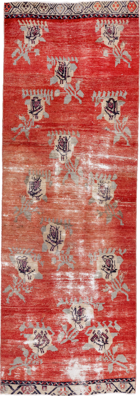 3' x 8' one-of-a-kind handmade vintage Oushak runner rug. Color palette: brown, gray, light gray, off-white, pink, red