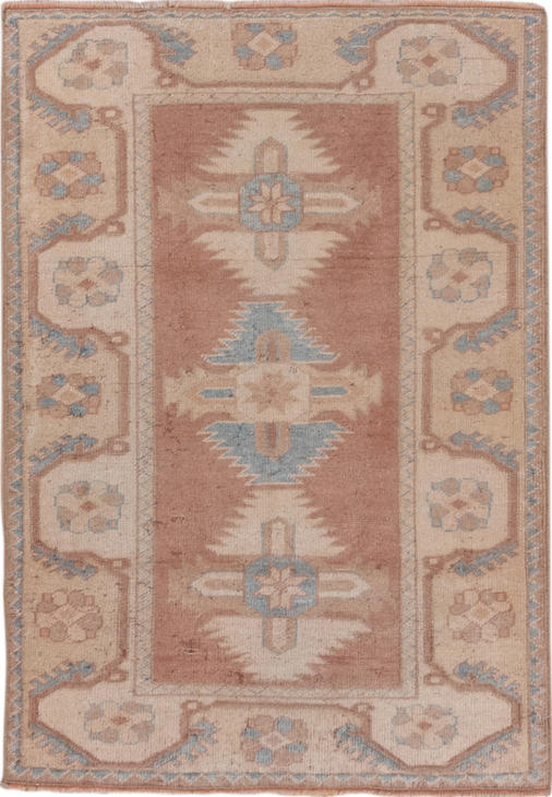 2' x 3' one-of-a-kind handmade vintage Oushak small size rug. Color palette: brown, gray, light gray, off-white, pink, snow