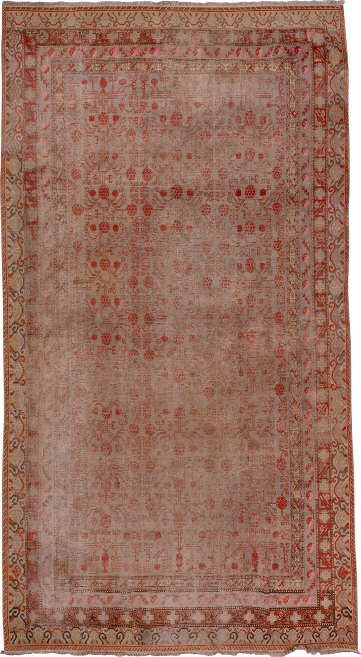 8' x 15' one-of-a-kind handmade vintage Khotan rug. Color palette: brown, pink, red