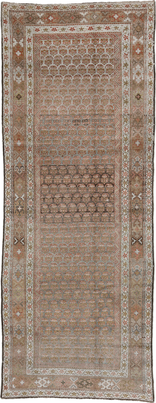 4' x 11' one-of-a-kind handmade vintage NW Persian runner rug. Color palette: brown, gray, light gray, off-white, pink