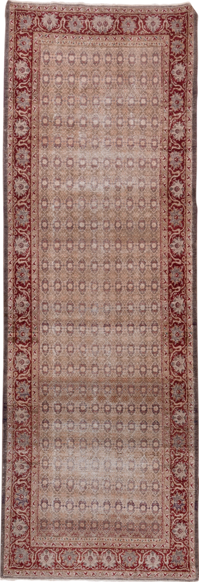 3' x 10' one-of-a-kind handmade vintage Sivas runner rug. Color palette: brown, gray, light gray, off-white, pink, red