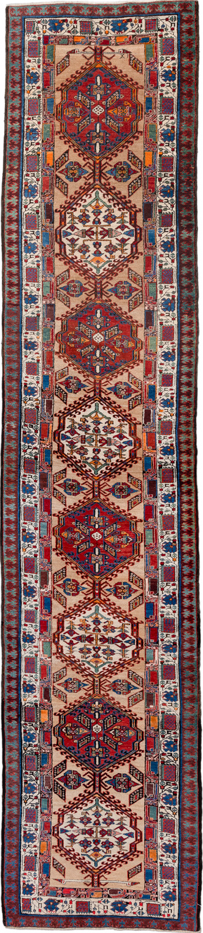 3' x 15' one-of-a-kind handmade vintage Sarab runner rug. Color palette: blue, brown, gray, light gray, off-white, orange