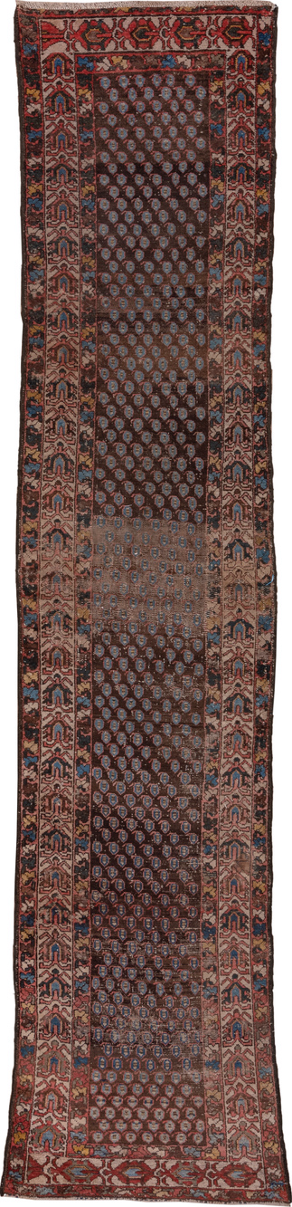 2' x 12' one-of-a-kind handmade vintage Malayer runner rug. Color palette: blue, brown, dim gray, gray, pink, red, redwood