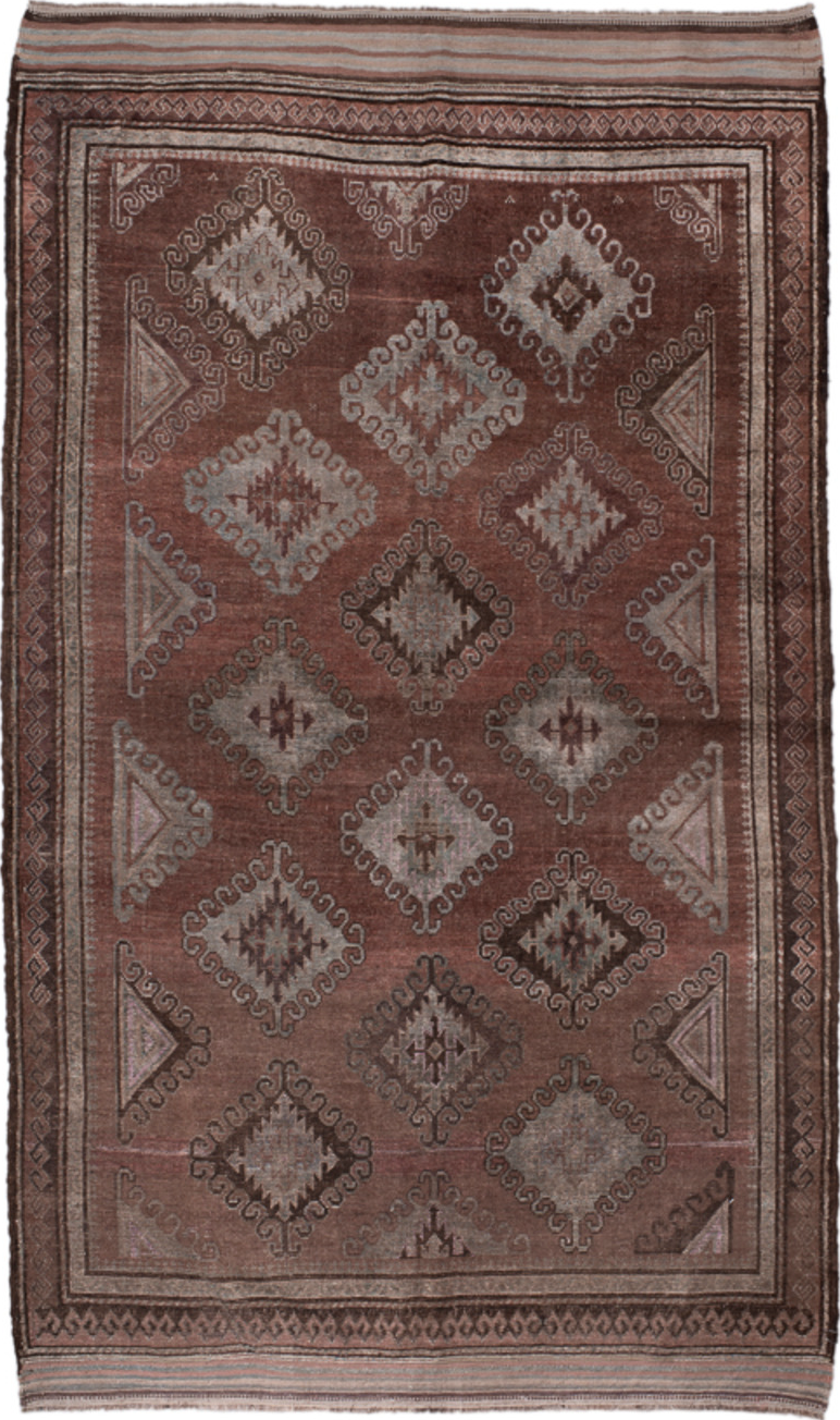 4' x 7' one-of-a-kind handmade vintage Belouch rug. Color palette: pink, brown, gray