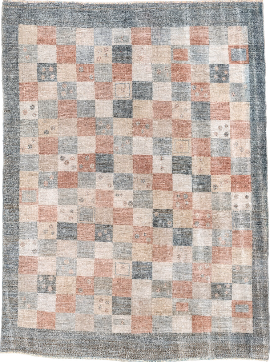 4' x 6' one-of-a-kind handmade vintage Gabbe small size rug. Color palette: brown, dark gray, dim gray, gray, light gray