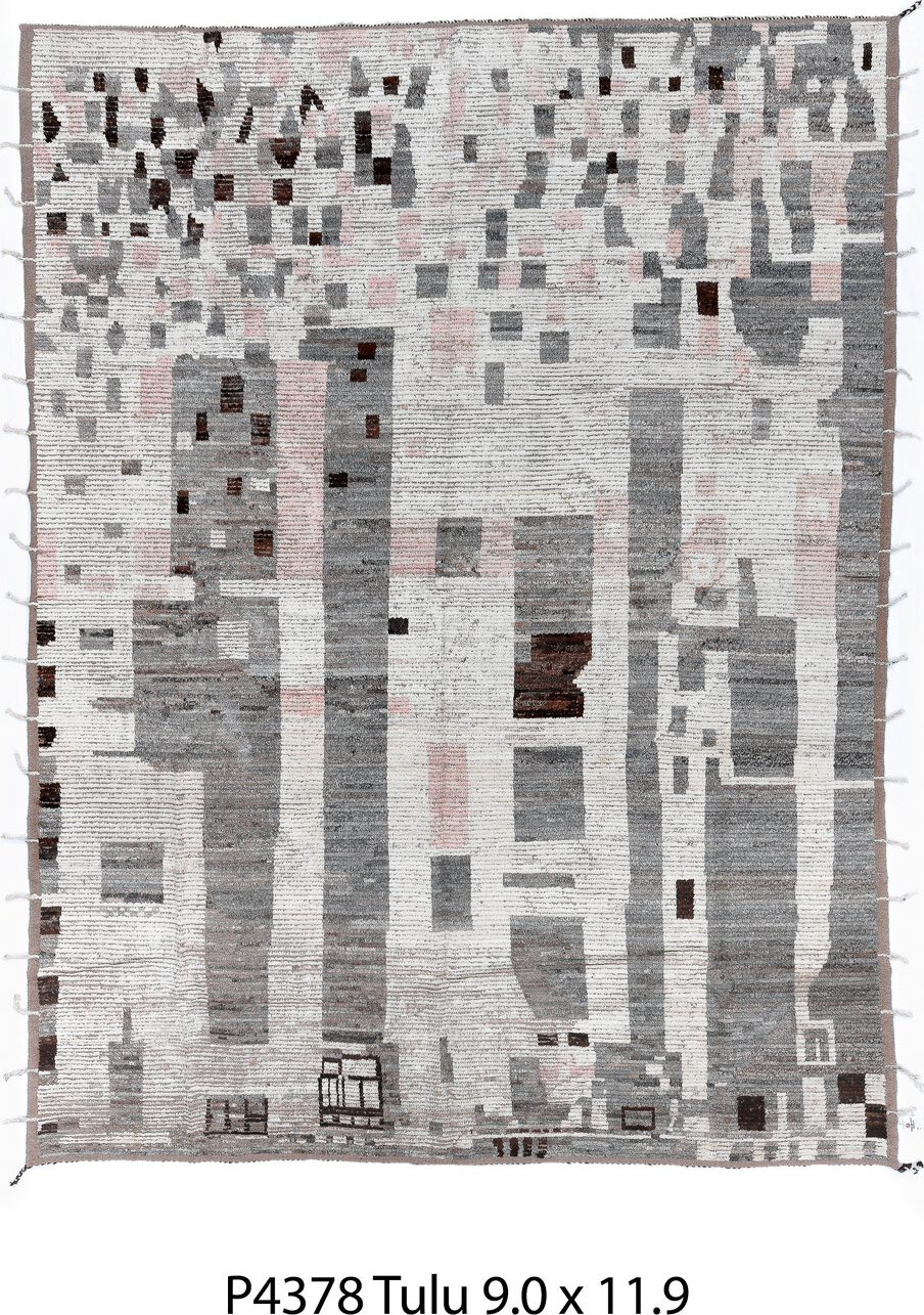 9' x 11' one-of-a-kind handmade vintage Tulu large size rug. Color palette: black, blue, dark gray, dim gray, gainsboro