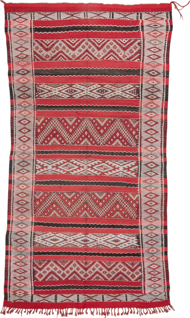 4' x 8' one-of-a-kind handmade vintage Kilim rug. Color palette: brown, gray, light gray, off-white, pink, red