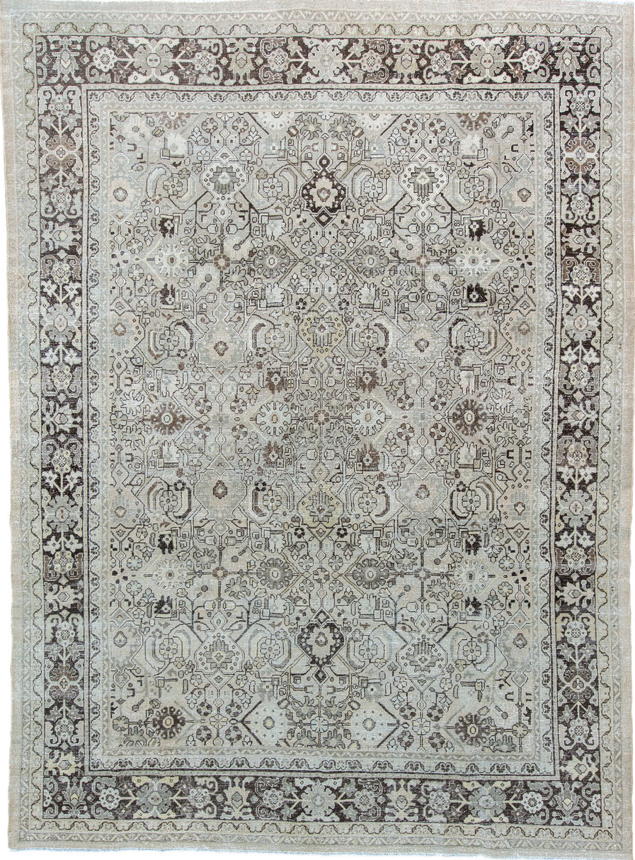 9' x 12' one-of-a-kind handmade vintage Mahal large size rug. Color palette: gray, light gray, off-white, black, dark gray
