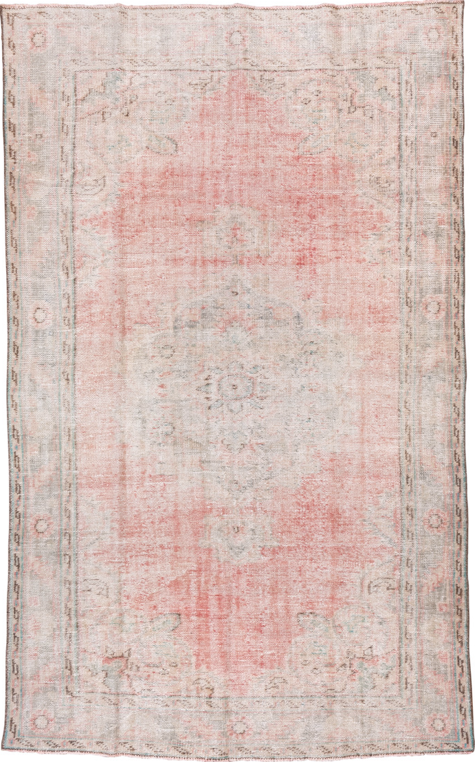 6' x 9' one-of-a-kind handmade vintage Oushak medium size rug. Color palette: dark gray, gray, light gray, linen, misty rose