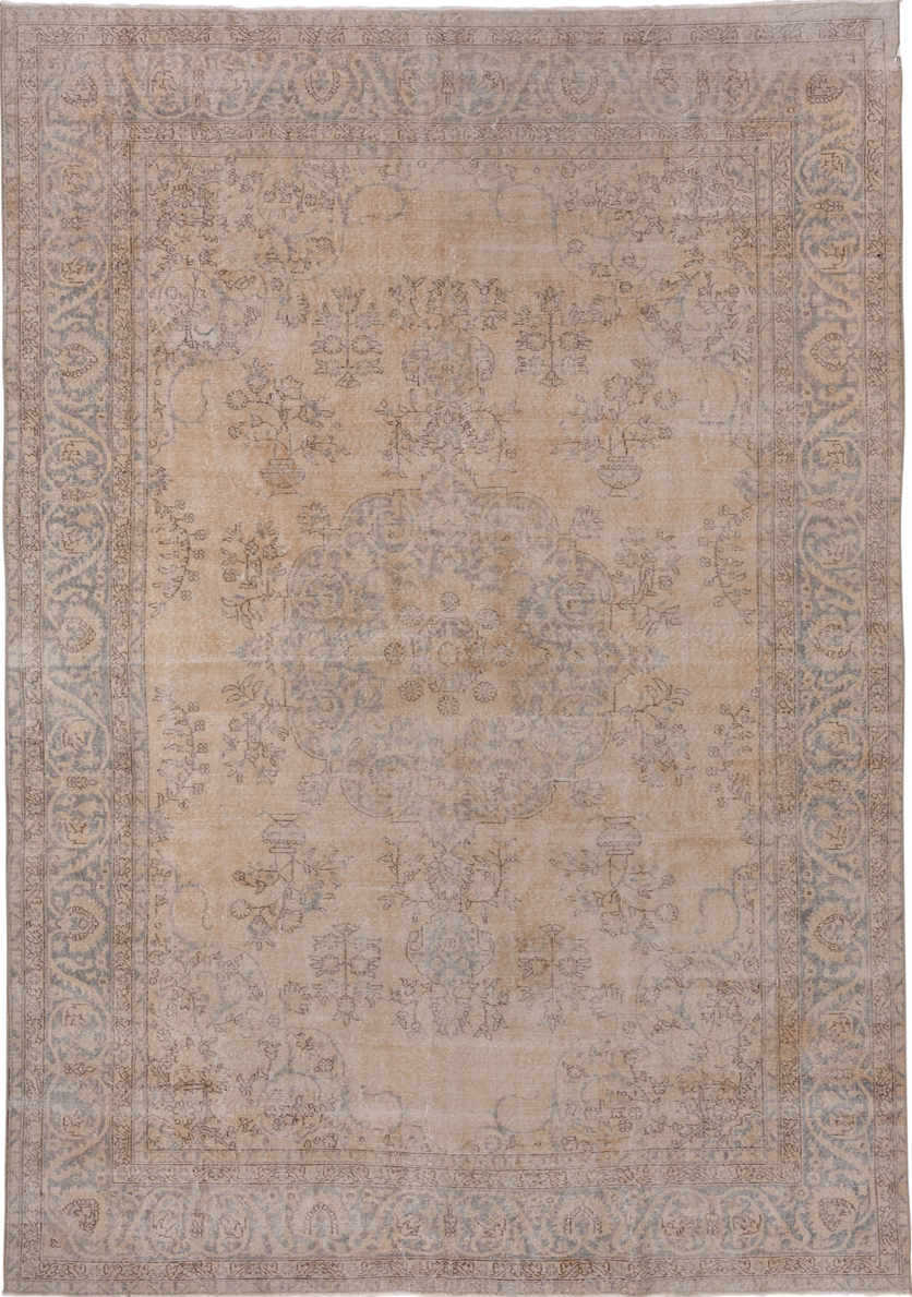 8' x 11' one-of-a-kind handmade vintage Oushak large size rug. Color palette: brown, gray, light gray, pink