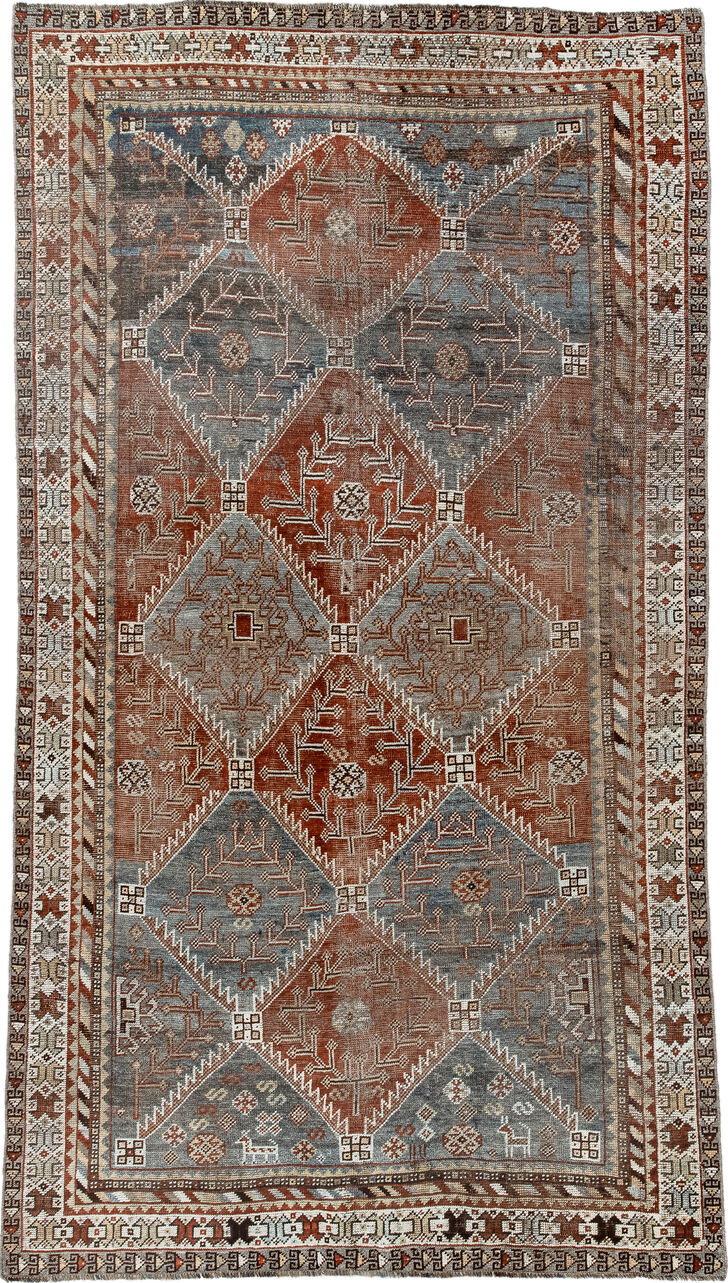 4' x 9' one-of-a-kind handmade vintage Shiraz rug. Color palette: black, brown, dim gray, floral white, gray, light gray