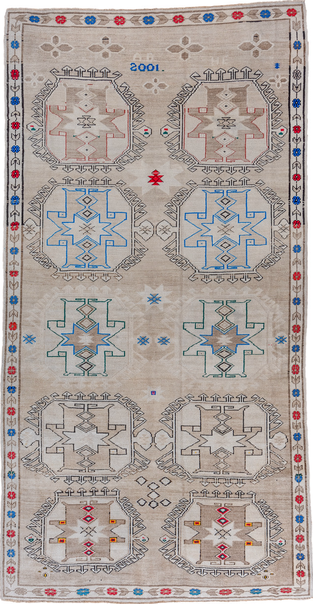 6' x 13' one-of-a-kind handmade vintage Kars large size rug. Color palette: gray, black, light gray, off-white, brown, pink