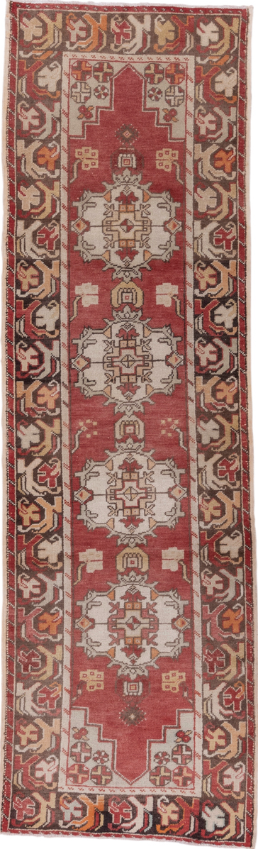 2' x 9' one-of-a-kind handmade vintage Oushak runner rug. Color palette: brown, gray, light gray, off-white, pink, red