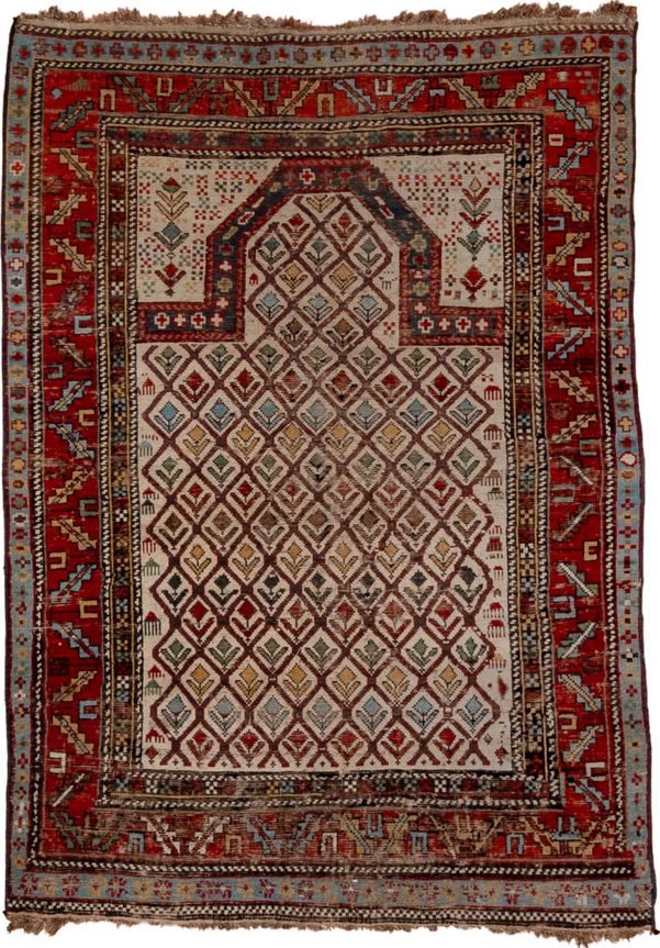 3' x 4' one-of-a-kind handmade vintage Shirvan small size rug. Color palette: brown, dim gray, gray, pink, red