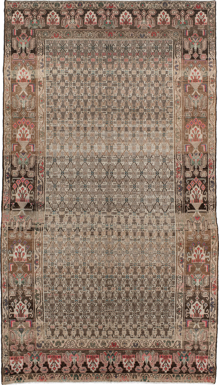 5' x 9' one-of-a-kind handmade vintage Hamadan medium size rug. Color palette: black, brown, dim gray, gray, indian red