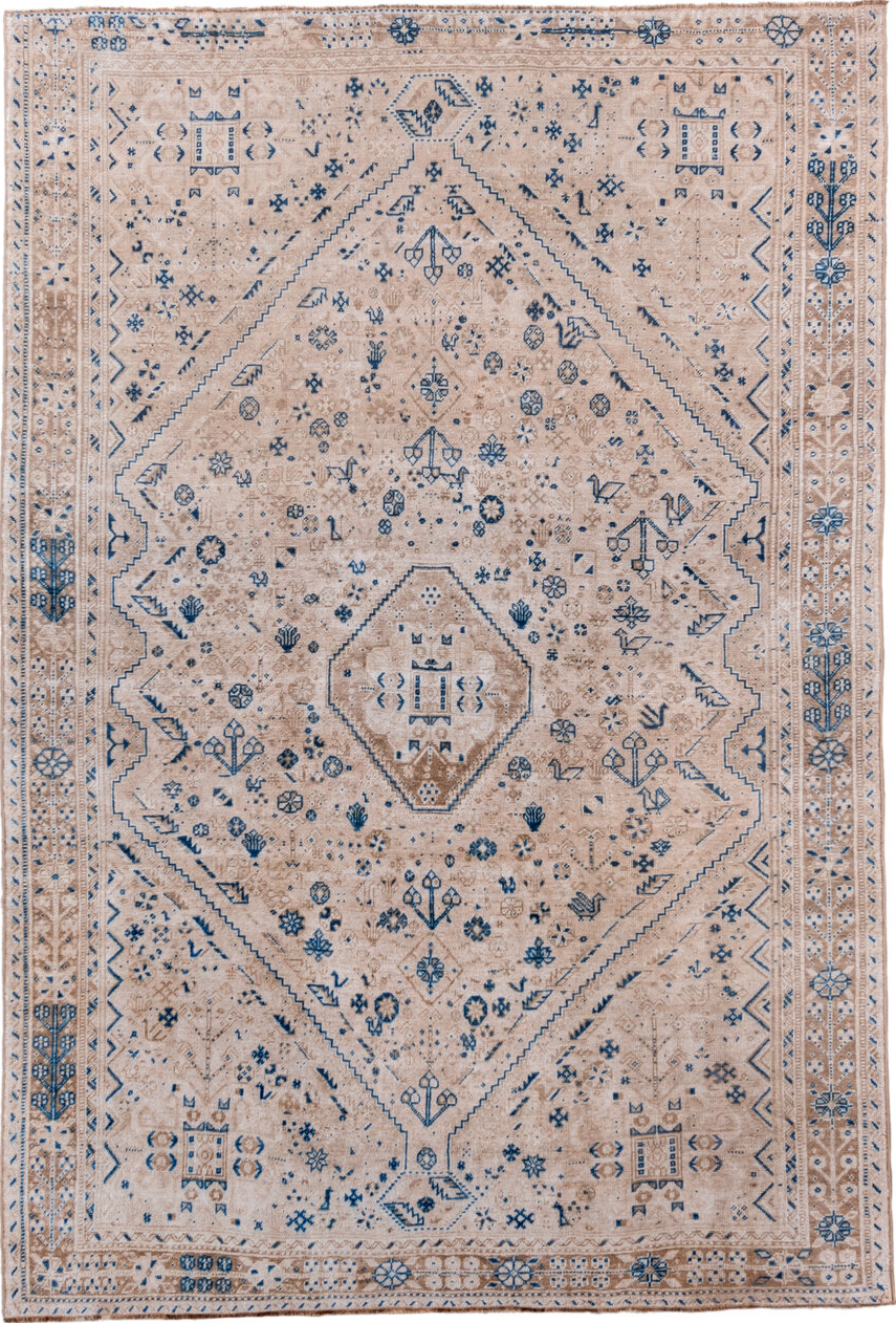 7' x 10' one-of-a-kind handmade vintage Shiraz large size rug. Color palette: blue, brown, fiord, gray, light gray