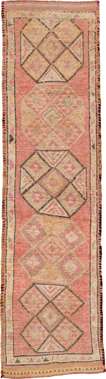 2' x 10' one-of-a-kind handmade vintage Oushak runner rug. Color palette: brown, dark salmon, off-white, orange, pink, red
