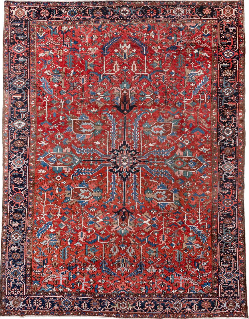 8' x 11' one-of-a-kind handmade vintage Heriz large size rug. Color palette: blue, brown, gainsboro, gray, light gray