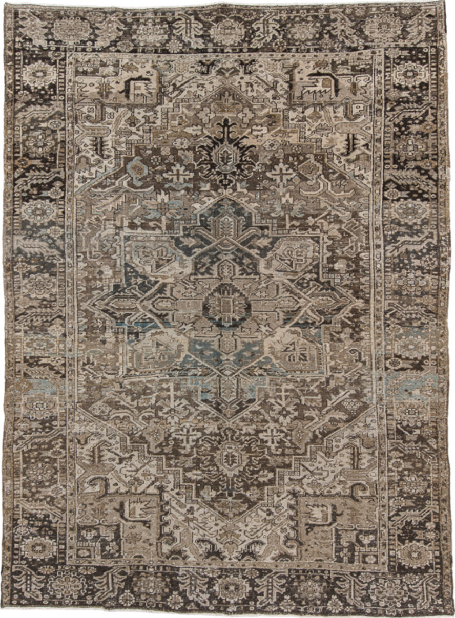 7' x 10' one-of-a-kind handmade vintage Heriz large size rug. Color palette: gray, pink, brown, black, light gray, off-white