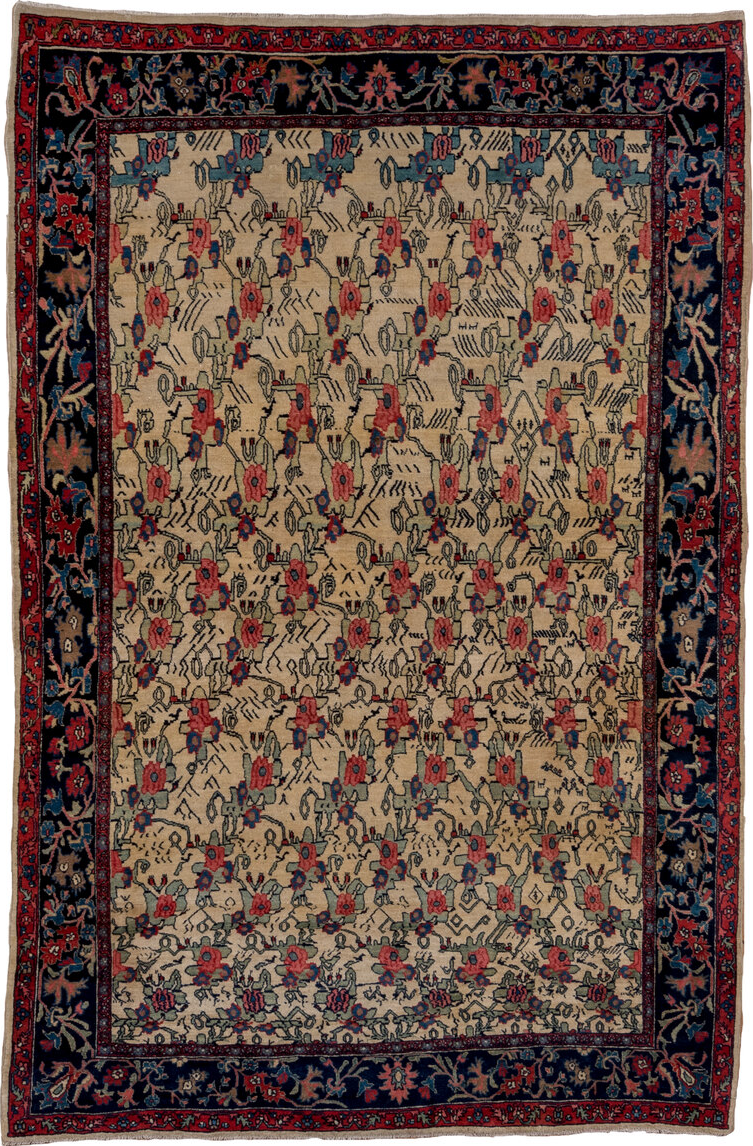 4' x 7' one-of-a-kind handmade vintage Bidjar rug. Color palette: arapawa, black, blue, brown, gray, off-white, pink, red