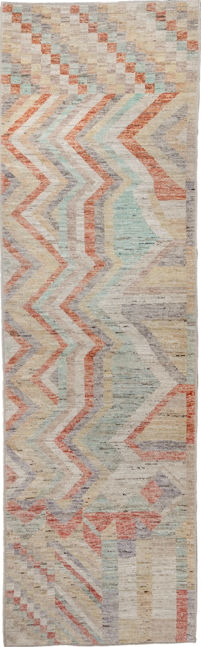 3' x 9' one-of-a-kind handmade vintage Tulu runner rug. Color palette: light gray, gray, off-white, pink, brown, orange