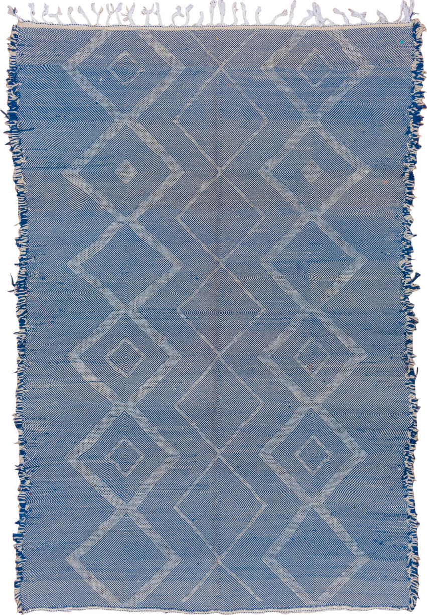 7' x 10' one-of-a-kind handmade vintage Kilim large size rug. Color palette: blue, dark gray, fiord, gray, light blue