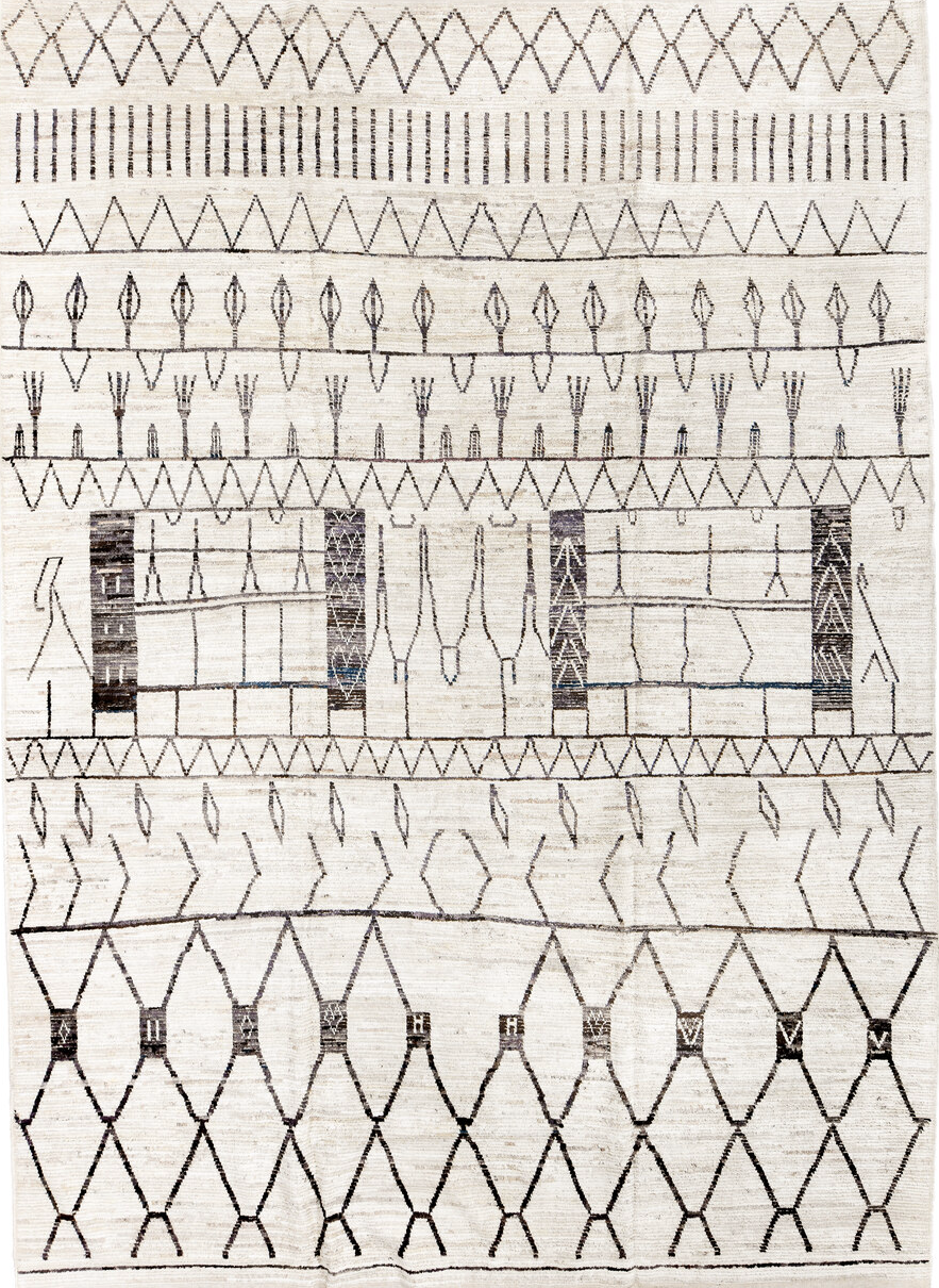 10' x 14' one-of-a-kind handmade vintage Tulu large size rug. Color palette: black, brown, gray, light gray, linen