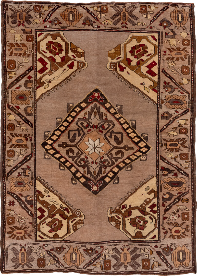 7' x 9' one-of-a-kind handmade vintage Kars rug. Color palette: black, brown, gray, off-white, pink, snow, white, whitesmoke