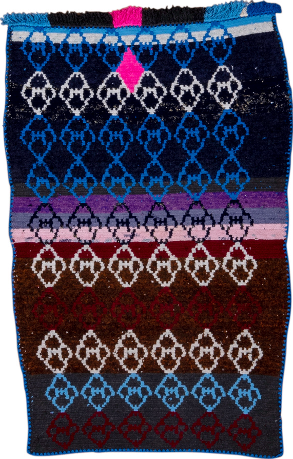 3' x 4' one-of-a-kind handmade vintage Rag Rug small size rug. Color palette: black, blue, dark gray, gray, light gray