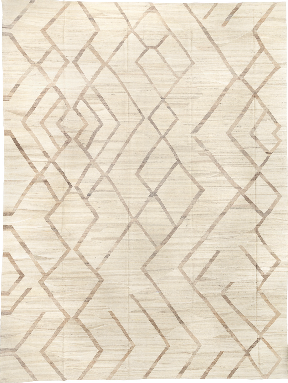 14' x 19' one-of-a-kind handmade vintage Kilim oversize rug. Color palette: black, brown, gray, light gray, linen, off-white