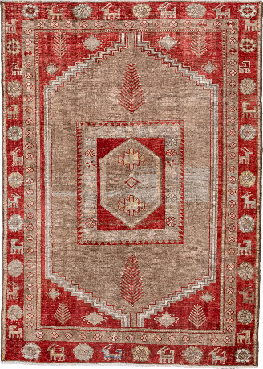 3' x 4' one-of-a-kind handmade vintage Anatol small size rug. Color palette: brown, dark gray, gray, light gray, linen