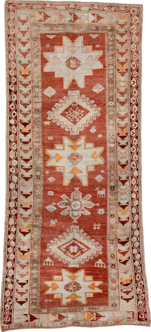4' x 10' one-of-a-kind handmade vintage Karabagh runner rug. Color palette: brown, chocolate, gray, light gray, off-white
