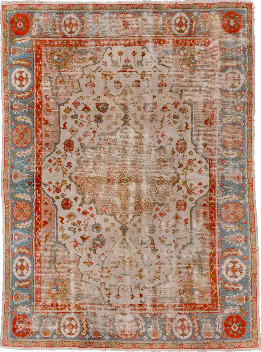 7' x 9' one-of-a-kind handmade vintage Oushak rug. Color palette: brown, gray, light gray, off-white, pink, red, sienna