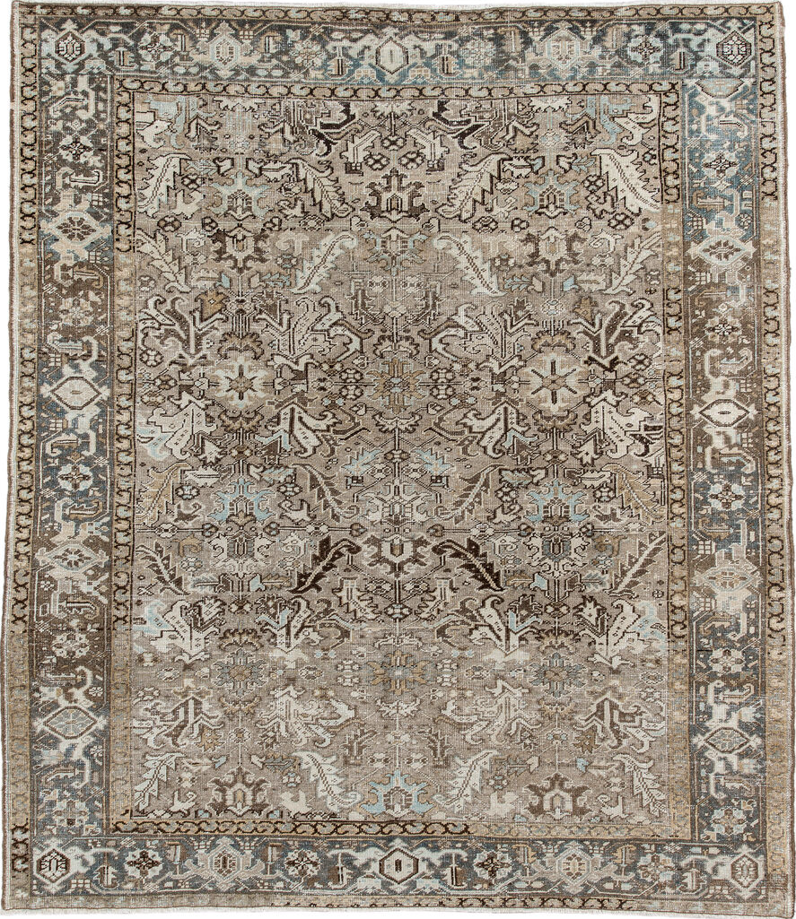 7' x 8' one-of-a-kind handmade vintage Heriz rug. Color palette: black, brown, dim gray, gray, light gray, off-white
