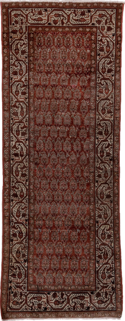 3' x 8' one-of-a-kind handmade vintage Saraband runner rug. Color palette: black, brown, gray, light gray, off-white, pink