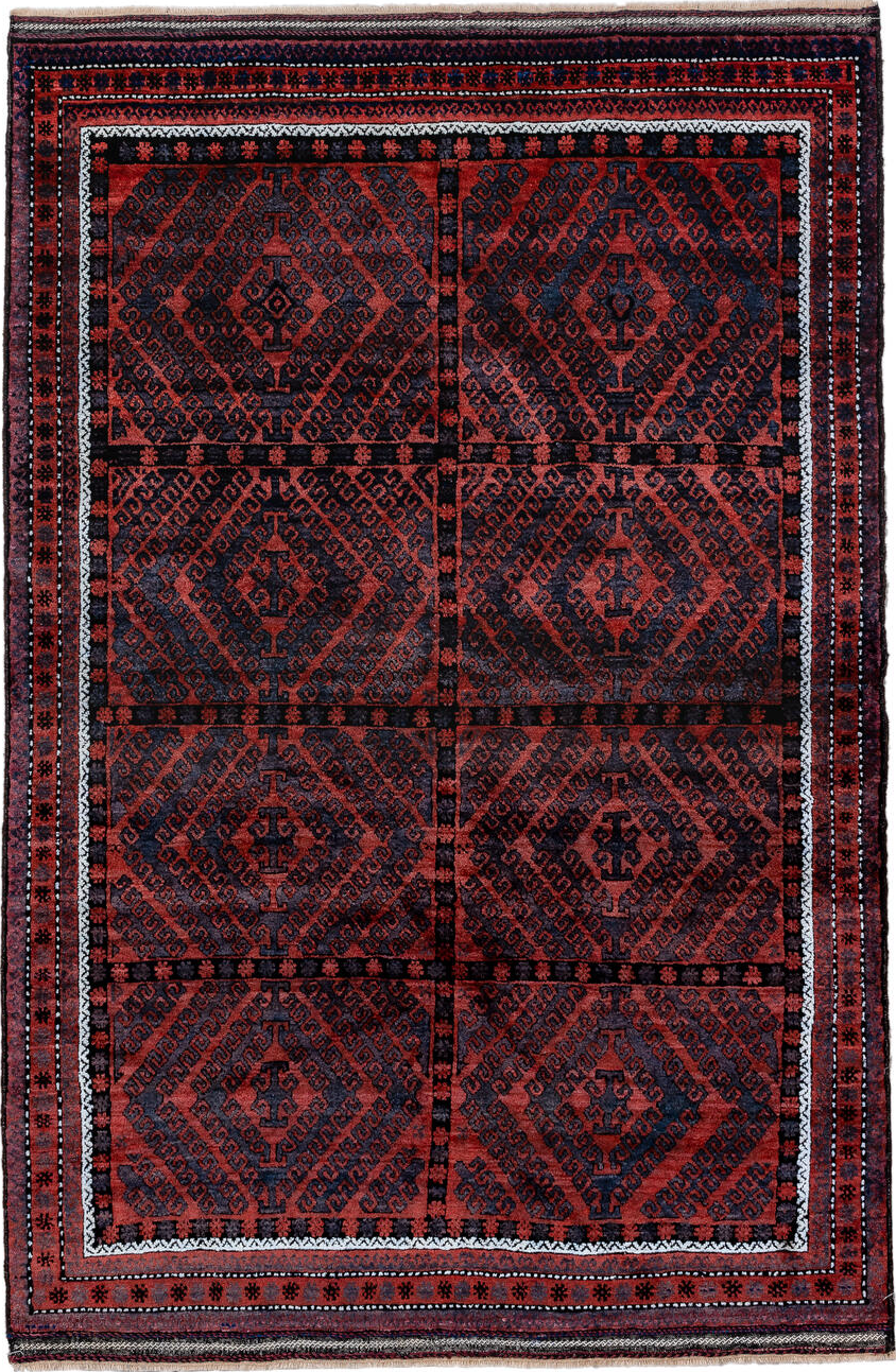 4' x 6' one-of-a-kind handmade vintage Belouch small size rug. Color palette: alice blue, black, blue, brown, charcoal