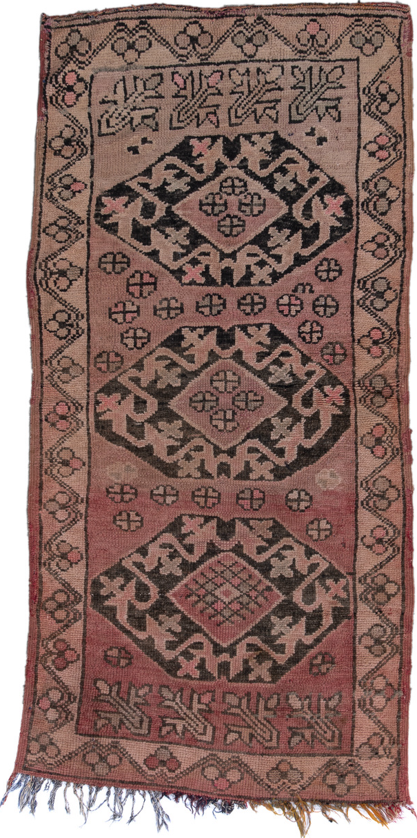 3' x 6' one-of-a-kind handmade vintage Moroccan runner rug. Color palette: black, brown, charcoal, gray, light blue, pink