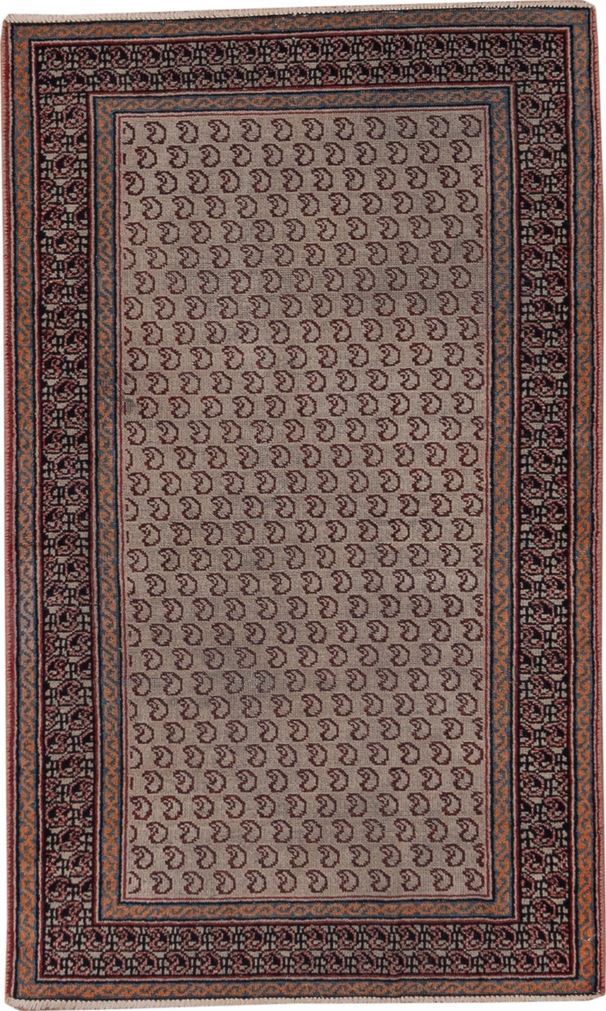 3' x 9' one-of-a-kind handmade vintage Sarab runner rug. Color palette: black, blue, brown, charcoal, gray, pink, red