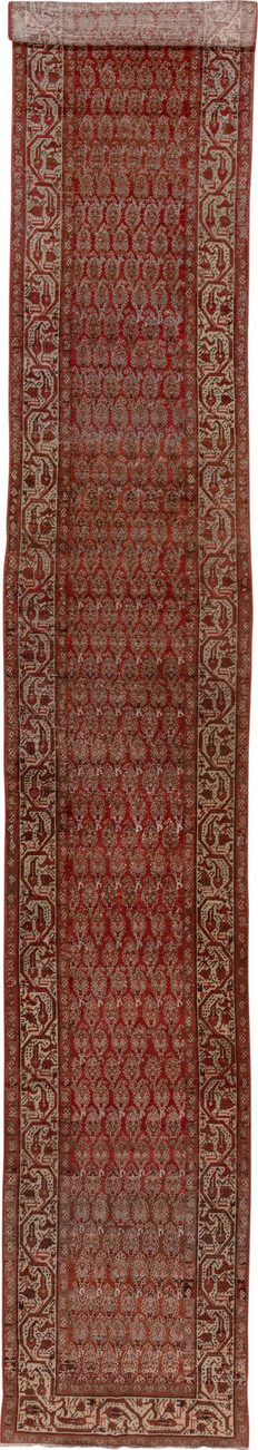 3' x 19' one-of-a-kind handmade vintage Saraband runner rug. Color palette: brown, gray, light gray, pink, red