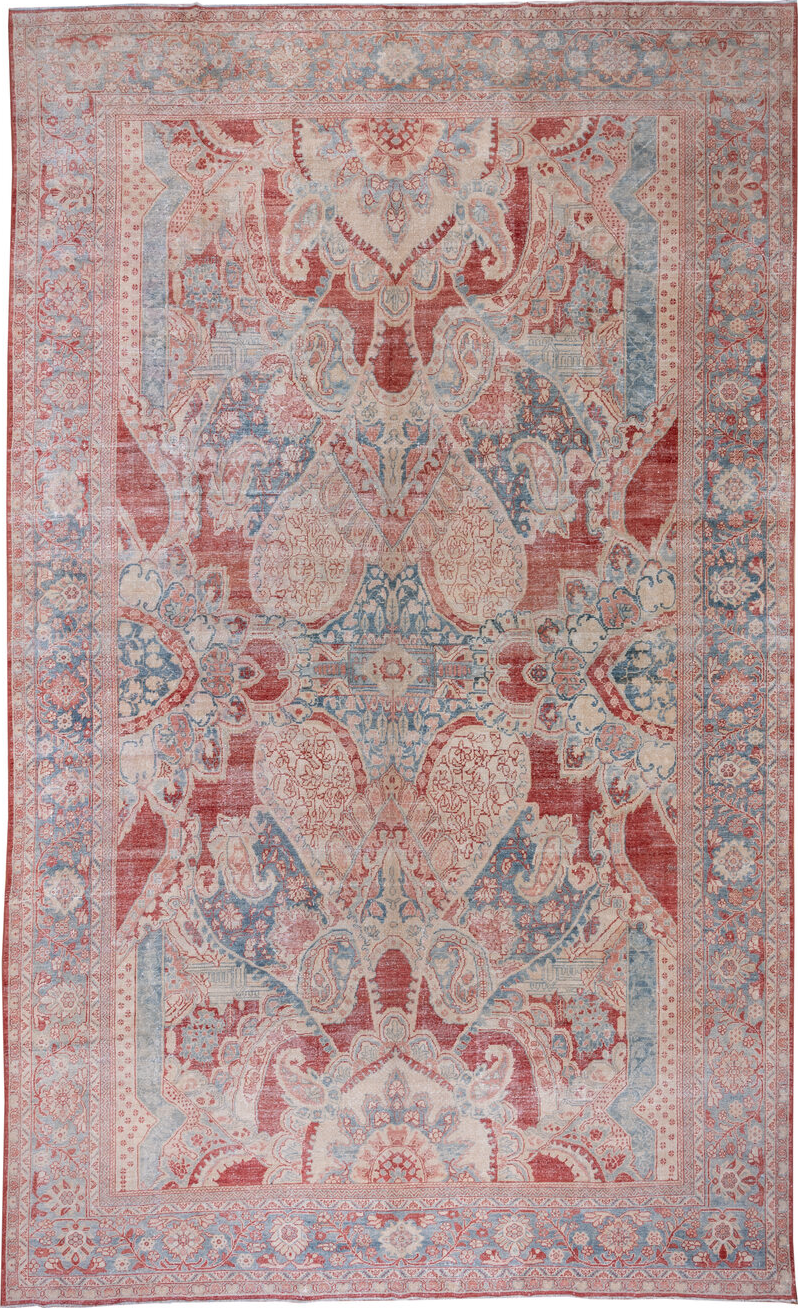 10' x 17' one-of-a-kind handmade vintage Mahal rug. Color palette: blue, brown, dark gray, gainsboro, gray, light gray