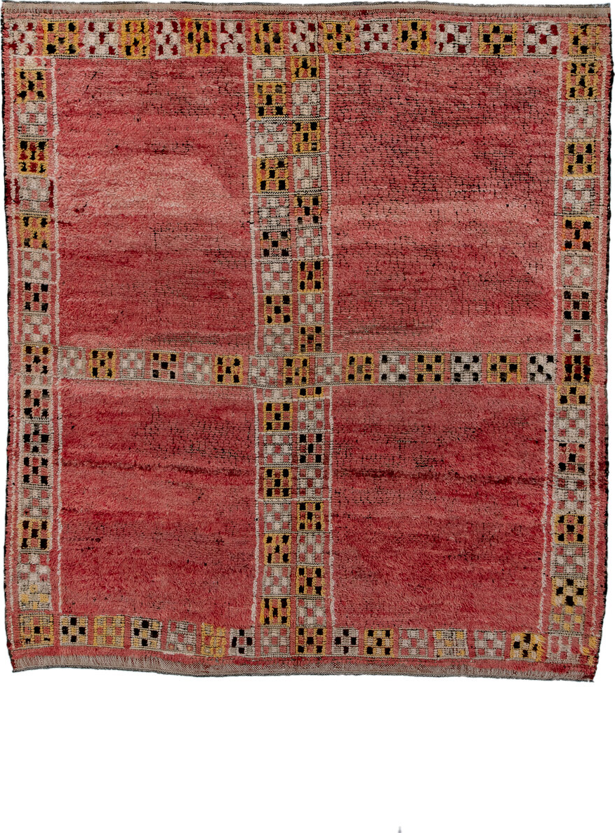 6' x 7' one-of-a-kind handmade vintage Moroccan rug. Color palette: black, brown, gray, light gray, pink, red