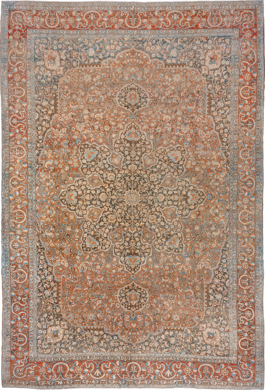 12' x 17' one-of-a-kind handmade vintage Baktiary oversize rug. Color palette: brown, dark gray, gray, light gray, off-white