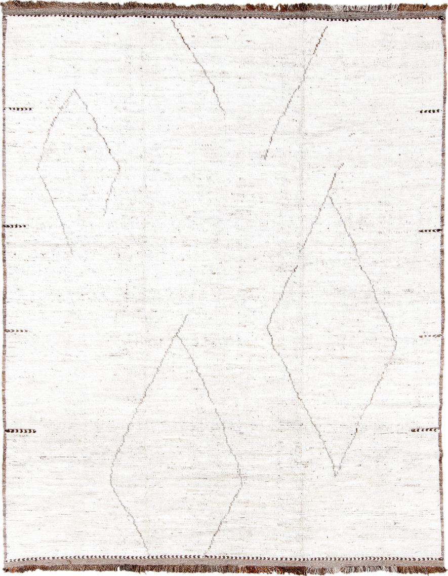 9' x 11' one-of-a-kind handmade vintage Tulu large size rug. Color palette: light gray, off-white, gray, brown, pink