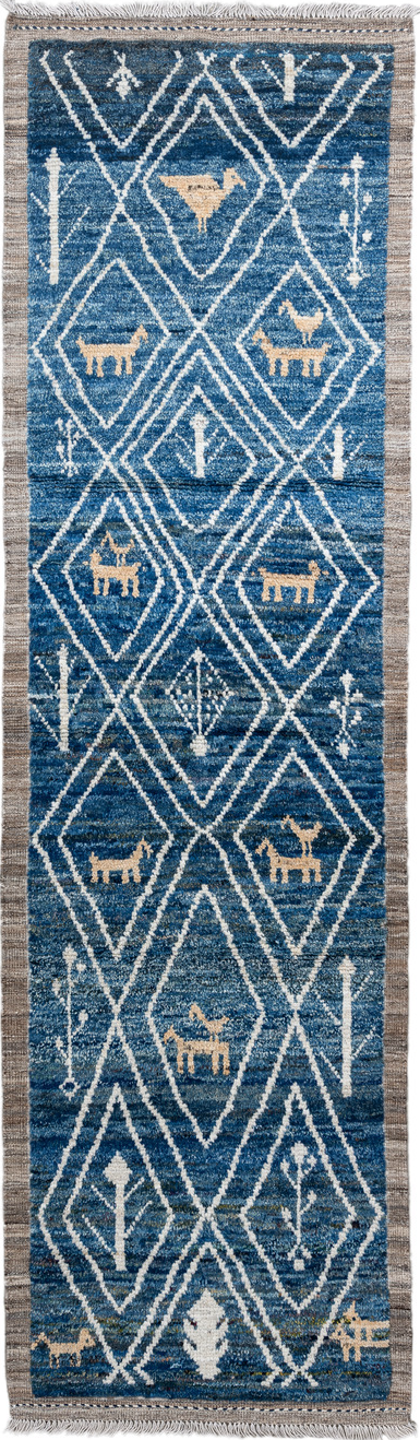 2' x 10' one-of-a-kind handmade vintage Tulu runner rug. Color palette: arapawa, blue, brown, gainsboro, gray, light blue