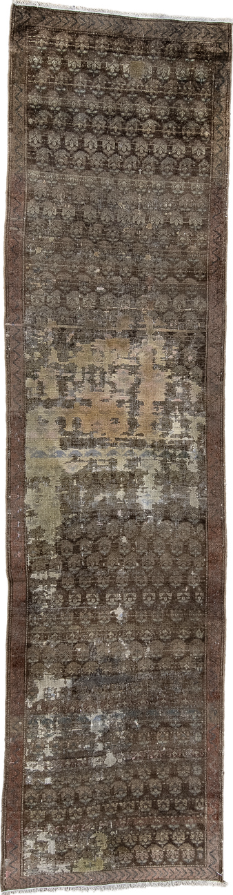 2' x 10' one-of-a-kind handmade vintage Hamadan runner rug. Color palette: gray, brown, light gray, off-white, gainsboro