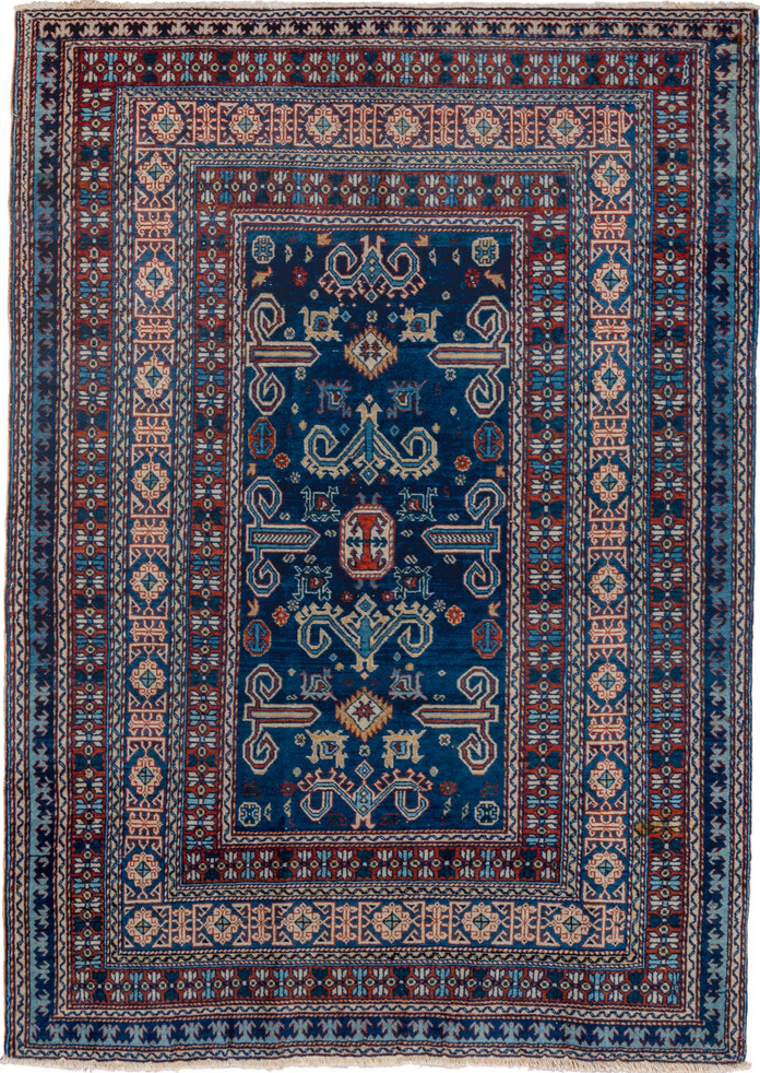 4' x 5' one-of-a-kind handmade vintage Shirvan small size rug. Color palette: blue, brown, dim gray, gray, light gray, pink