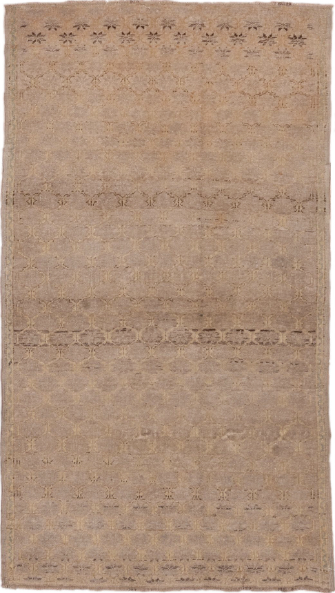 3' x 5' one-of-a-kind handmade vintage Oushak small size rug. Color palette: brown, gray, light gray, off-white, pink, snow